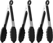 7-Inch Small Kitchen Tongs, Set of 3, Silicone Tiped Serving Tongs for Buffet, Salad, Cooking, Dining (Black, 3PCS)