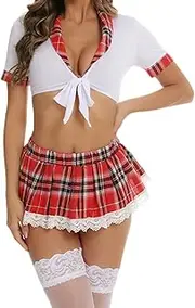 [Lidogirl] Women Tie-Front Crop Top And Lace Trim Plaid Skirt Set With Stockings XS-2XL