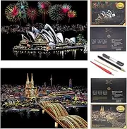 SiYear Scratch Art Painting Paper Set for Adults & Kids,Landmark Building City Series Night Scene,Scratchboard Creative Gift DIY Foil Engraving Crafts with 4 Tools (City-A4-10Pack)
