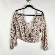 Billabong Womens Crop Wrap Blouse Size 12 Pink Floral Long Sleeve Tie Front Top
