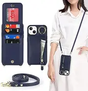 Cavor Vertical Flip Cover for iPhone 13 Leather Case iPhone 14 Case 6.1'' Crossbody Wallet Card Slots with 360°Rotation Ring Holder Kickstand & Long Shoulder Lanyard Strap-Blue