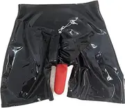 [DAIJES] Men's High Waist Latex Shorts Boxers with Penis Sheath Anus Condom Lockable Zip(Silver,XL)