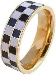 [Fuqimanman2020] Checkerboard Bands Statement Finger Ring 14K Gold Black White Titanium steel Ring Size 5-10