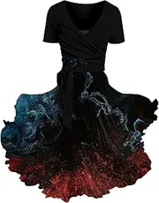 [Generic] Women's Oversized A-Line Swing Dress - Floaty Summer Dresses for Women - High Waist Summer Dresses V-Neck Short Sleeve Floral Dress Elegant Holiday Dress Light and Airy Festive