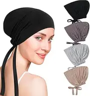 [Besforta] 4 Pcs Women Hijab Undercap Islamic Muslim Inner Beanies Hat with Tie Back Closure Adjustable Underscarf Turban Cap