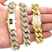 10k Yellow Gold 15mm Monaco Miami Cuban Link Diamond Cut Pave Chain Bracelet 8"