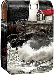 Travel Lipstick Organizer Case,Lipstick Case Portable Makeup Bag with Mirror,Cloudy Sea House Lighthouse