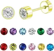 [VLIEGEN] 12 Pairs Flat Back Stud Earrings for Women Men Silver 14K Gold Plated Stainless Steel Stud Earrings Brithstone Cubic Zirconia Studs Surgical Steel Cartilage Earrings