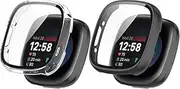 THRE【2 Pack】For Fitbit Versa 3 Sense Screen Protector Case Cover with Hard PC Material, Comprehensive Protection with Tempered Glass, precise Cutouts (Black+Clear)