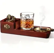 Lions Den Cigar Ashtray Coaster Whiskey Glass Tray & Wooden Ash Tray W/ Drawer