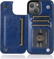 GoshukunTech Wallet Case for iPhone 14 [Double Magnetic Clasp Durable Shockproof Cover] with Card Holders PU Leather Kickstand Card Slots for iPhone 14-Blue