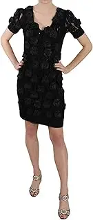 [John Richmond] Black Silk Leather Flowers Sheath Dress