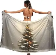 [XYMZR] Christmas Tree Snow Winter Women's Sarong Swimsuit Coverups Chiffon Bikini Wraps Skirt with Tassels L