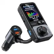 LENCENT Bluetooth 5.0 FM Transmitter with Big Color Screen, HiFi Music Treble&Bass Booster, QC3.0 Fast Charger, AUX Car Radio Adapter, Wireless Microphone Support Hands-Free Siri TF Card