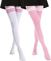 [AQOKKA] Extra Long Thigh High Socks for Women Striped Over Knee Thigh Socks Long Boot Thigh High Stockings Leg Warmers, 2 Pairs Extra Long: Pink-white, White-pink