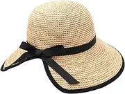 [DJH] Womens Sun Hat, Ponytail Ribbon Bowknot Floppy UV Protection Wide Brim Sun Caps Round Flat Top Straw Hat Summer Hats for Straw Beach Sunhat Holiday Accessroies Packable,Beige