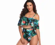 Ladies'high waist split printed bikini leaf printed swimsuit - 3