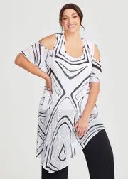 [TS] Taking Shape Cold Shoulder Crushed Tunic Size 20 in Black / White Print - Plus Size Women's Clothing Black / White Print