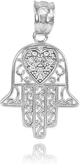 [Claddagh Gold] Fine 925 Sterling Silver CZ-Accented Heart Filigree-Style Hamsa Charm Pendant