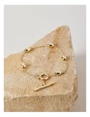 [Piper] T-Bar & Bead Bracelet in Gold
