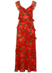 Rixo Gail Printed Ruffled Silk Maxi Dress - Red - Xxs (UK 6 / Xxs) XXS (UK 6 / XXS)