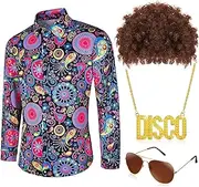 SlowTon 4PCS Mens 70s Disco Costumes - Retro 60s Hippie Outfit with Floral Shirt Brown Wig Funky Glasses and Gold Necklace, Men's Vintage Cosplay Set