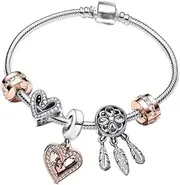 [CHARMY´S] P29 Pandora Style Bracelet Bangle with Charms or Charms Hearts Pendants and Clips Rose Gold