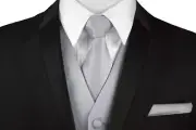 Men's Silver Satin Formal Tuxedo Vest, Tie & Hankie Set Wedding Prom Homecoming