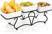 Eorbow 3 Pieces Square Bowl Chip & Dip Serving Set, 7 OZ Ceramic Condiment Server with Metal Stand, Serving Dish Tray for Party Entertaining, Small Snack Platters for Side Dish Appetizer Nuts