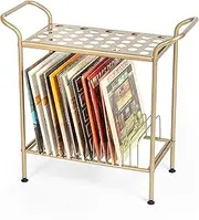 Ilyapa Record Player Stand with Vinyl Record Storage, Gold Metal Table with Shelves for Records, 2-Tier Record Storage, Vinyl Record Holder, Record Player Table, Turntable Stand with 14 Slots