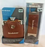 Brookstone Flask And Bottle Opener Set . Handsome Leather Wrap