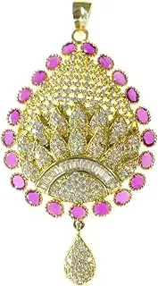 [TIBETAN SILVER] Ruby Gemstone & Zircon Pendant Traditional Bollywood Indian Inspired Style Ethnic Modern Fashion Designer Bling Party Pendant For Women 18Ct Gold Plated Brass Jewellery By Artisans