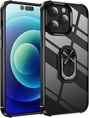 [Cavor] for iPhone 14 Pro Max Case,Clear PC Case TPU Bumper Protective Cover 360°Rotation Ring Holder Kickstand [Work with Magnetic Car Mount] (6.7")-Black