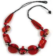 [Avalaya] Statement Cluster Ceramic, Wood Beaded Necklace with Black Cotton Cord (Red) - 60cm L, One Size, ceramic cords Wood