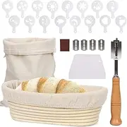 [QUIENKITCH] Oval Bread Proofing Basket, 6 Pack Proofing Basket(25x15cm), Banneton Proofing Basket, Cloth Liner, Bread Bag, Scoring Lame, Scraper, Stencils for Professional and Home Baker …