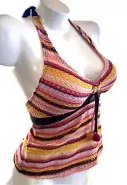 Limited Too MOD Go-Go Halter Tankini Top Girls 16 Bright Stripe Crochet Ball NEW