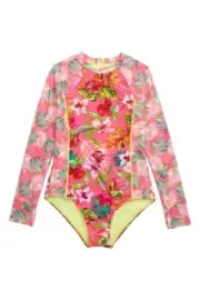 Hobie 14 Big Girls 1 Pc Rash Guard Bodysuit Swimsuit Pink Floral Long Sleeve UV