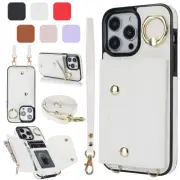 For iPhone 16 15 Pro Max Plus Leather Wallet Card Slots Case Ring Cover w/ Strap