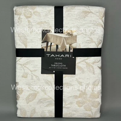 Tahari Linen Blend Jacquard Tablecloth Champagne/Natural Floral & Leaf 60x104