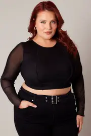 Black Mesh Top Long Sleeve Round Neck Panel Detail