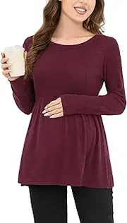 [Ecavus] Women's Casual Maternity Shirts Long Sleeve Soft and Comfy Pregnancy Tee Tops Side Split Maternity Clothes