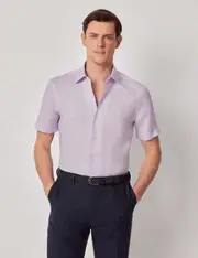Hawes & Curtis Dusty Lilac Pure Linen Slim Short Sleeve Shirt | One Piece Collar Size: Small