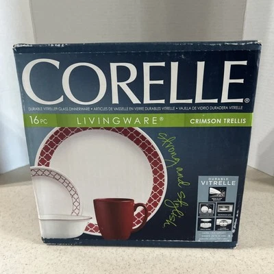 CORELLE VITRELLE LIVINGWARE " CRIMSON TRELLIS " 16 PC. DINNERWARE SET NEW 2016