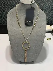Escada Gold Tone Long Necklace transformer, ring Pendant with chain tassel. New