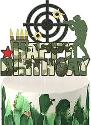 Military Happy Birthday Cake Topper Camo Glitter Airman Retirement Military Veteran's Day Party Cake Decorations Gun Army Soldier Fighter Themed for Kids Boys Men Birthday Party Supplies