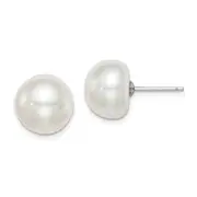 Sterling Silver Rh-Plated 11-12mm White Fwc Button Pearl Earrings