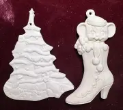 Woodland Xmas Tree w/ Animals & Mouse in Ladies Boot-Unpainted Ceramic Ornaments
