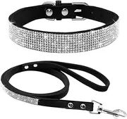 haoyueer Cute Dazzling Sparkling Elegant Fancy Soft Suede Leather Bling Rhinestone Crystal Jeweled Pet Cat Dog Puppy Collar Dog Leash Combo Set(Black,M)
