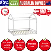 Kids Wooden Bed Frame House Base with Fence Double White