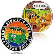 Cartoon Style Dumpster Fire Coin Funny Dumpster Fire Desk Accessories Dumpster and Dog Firefighter Challenge Coin Fireman Commemorativer Coins Pocket Token Encouragement Office Gifts for Men Women